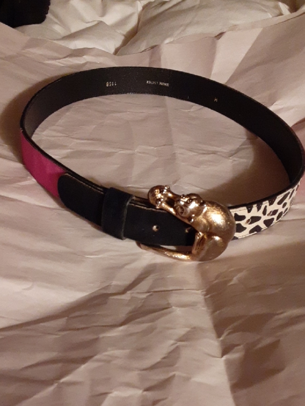 Gold Animal Sculpted Buckle Colorblock Women’s Belt - Black, Pink & Chitah SZ M